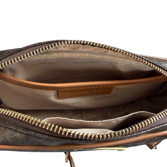 Michael Kors Jet Set Brown MK Signature Crossbody Bag Leather Trim Gold Hardware - Picture 13 of 13